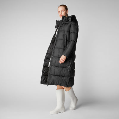 Women's Colette Long Puffer Coat with Detachable Hood in Black