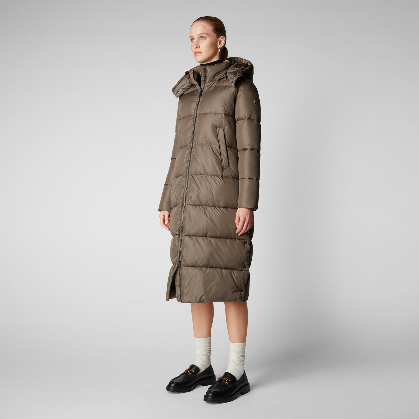 Women's Colette Long Puffer Coat with Detachable Hood in Mud Grey