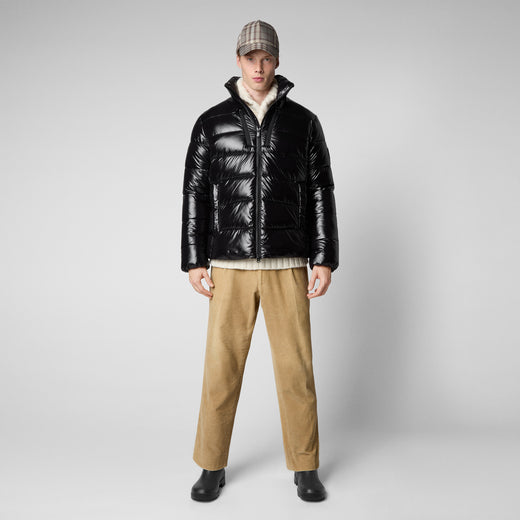 Model Front View of Men's Mitch Puffer Jacket with Tall Standing Collar in Black