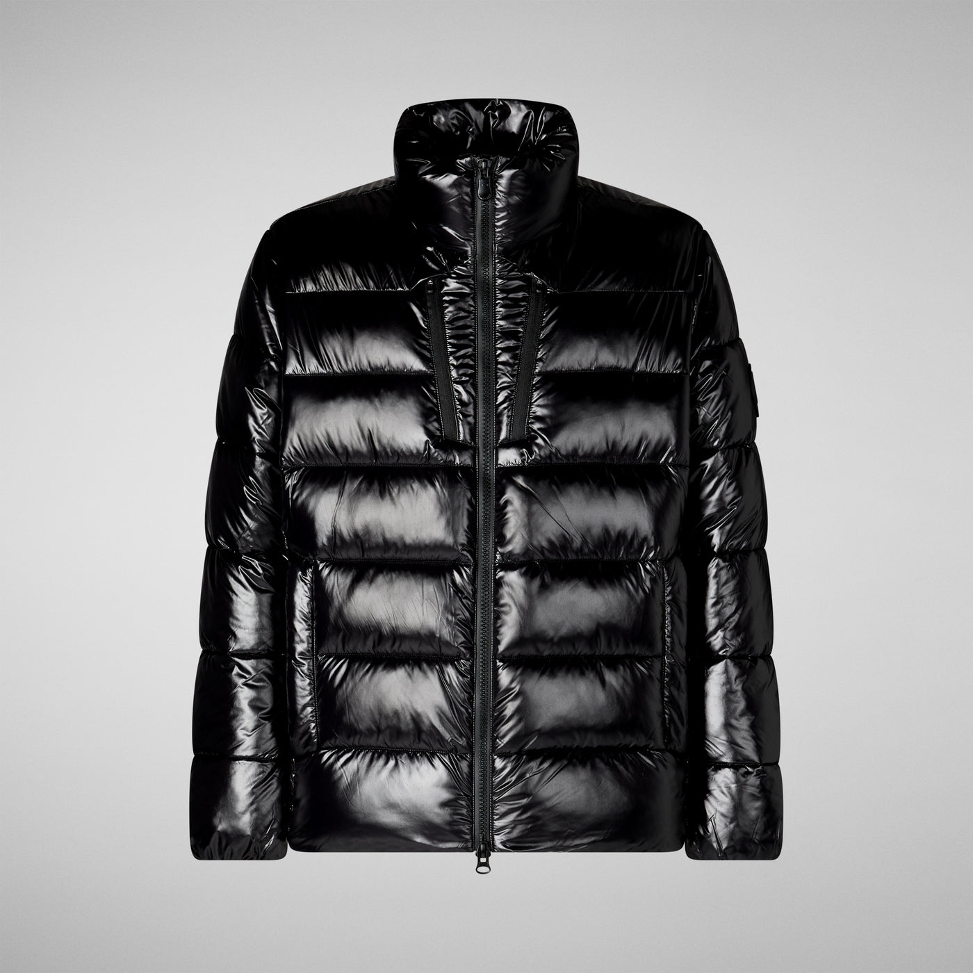 Product Front View of Men's Mitch Puffer Jacket with Tall Standing Collar in Black