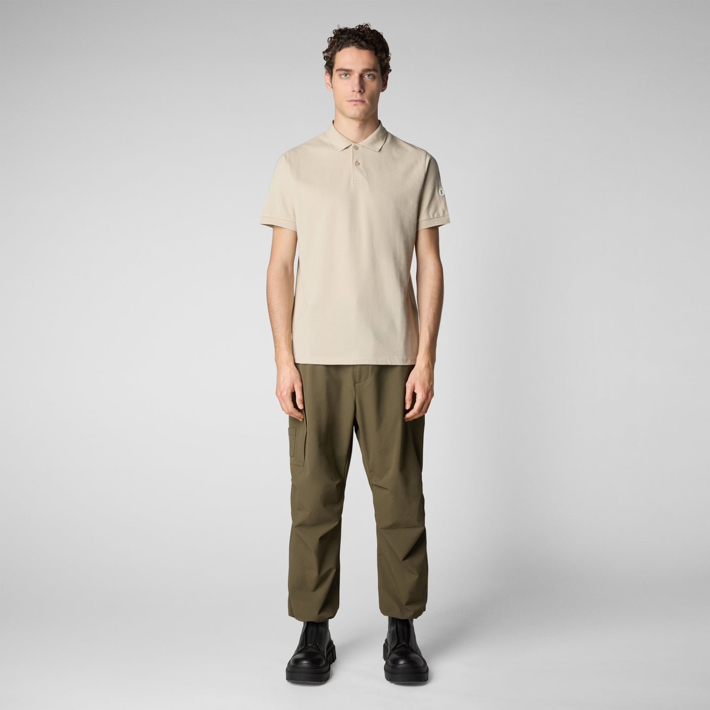 Model front view of Men's Ovidio Polo Shirt in Rainy Beige