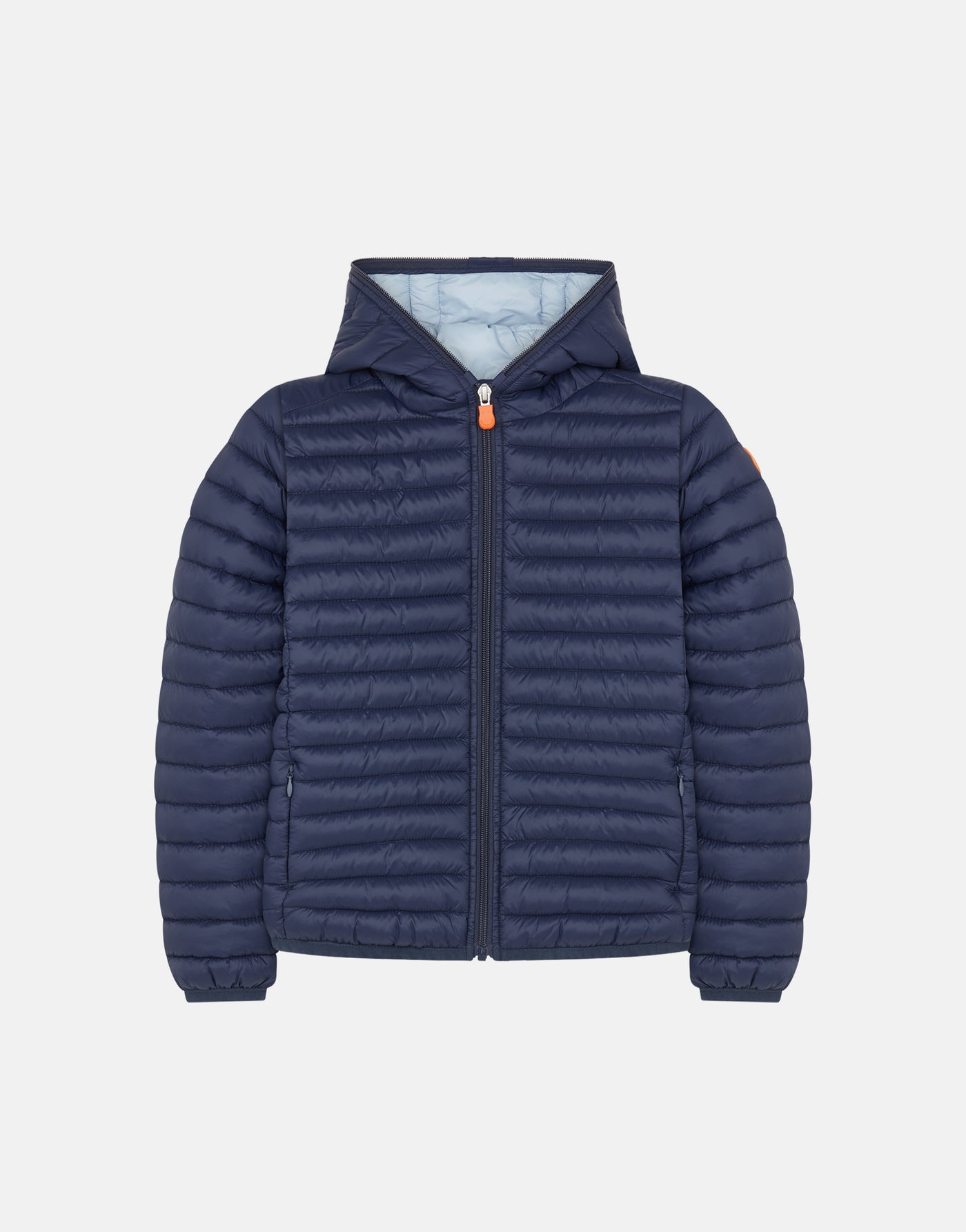 Front View of Girls' Lily Hooded Puffer Jacket in Navy Blue