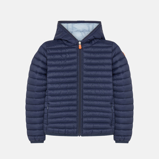 Front View of Girls' Lily Hooded Puffer Jacket in Navy Blue