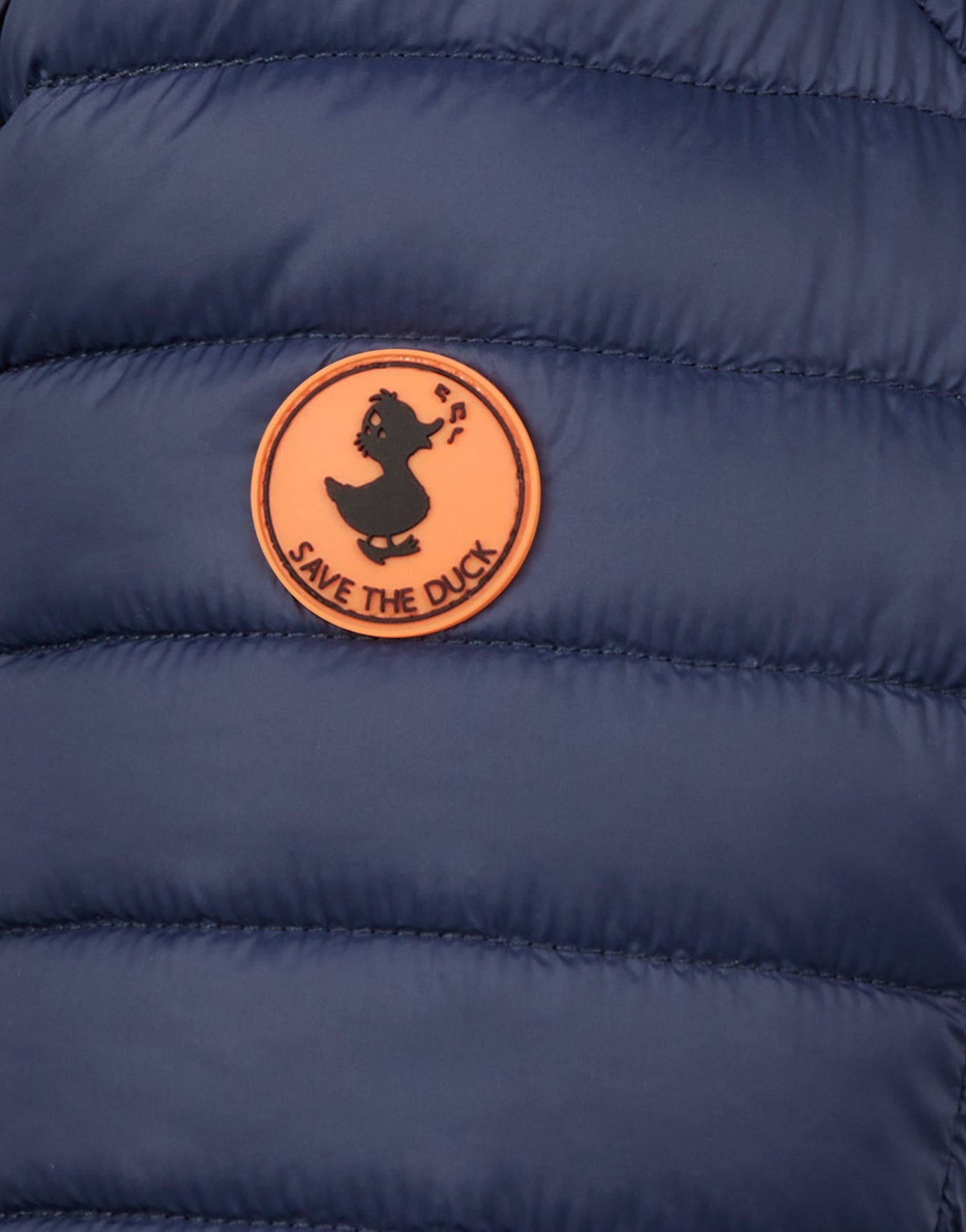 Logo View of Girls' Lily Hooded Puffer Jacket in Navy Blue