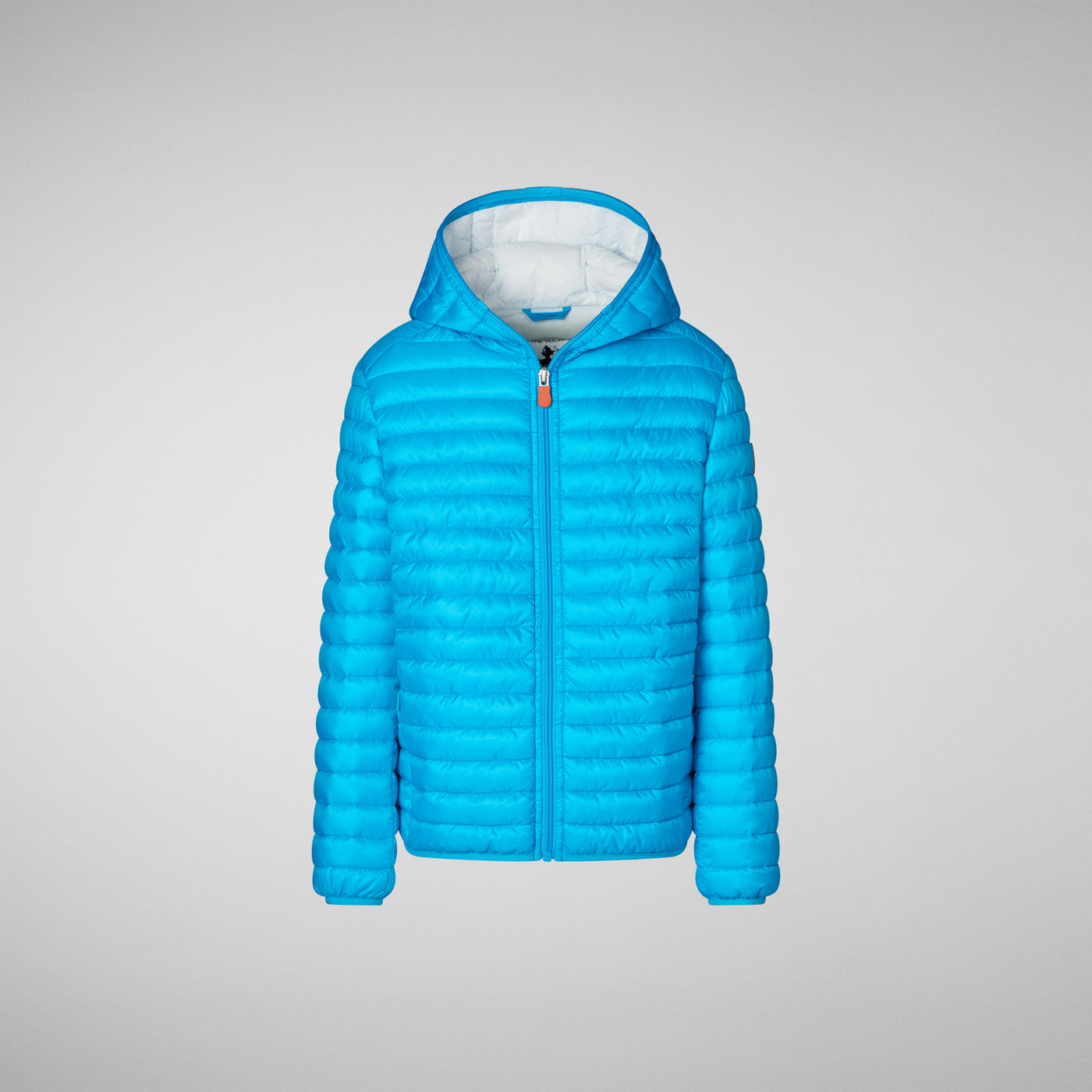 Front View of GILLO: Boys' Animal-Free Quilted Puffer Jacket In Fluo Blue