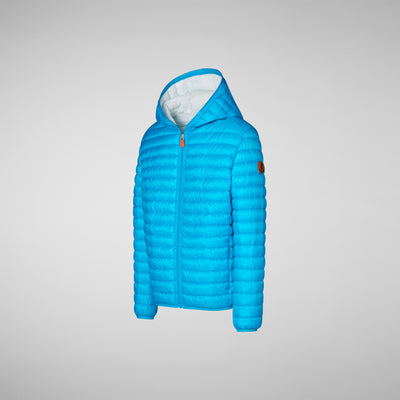 Side View of GILLO: Boys' Animal-Free Quilted Puffer Jacket In Fluo Blue