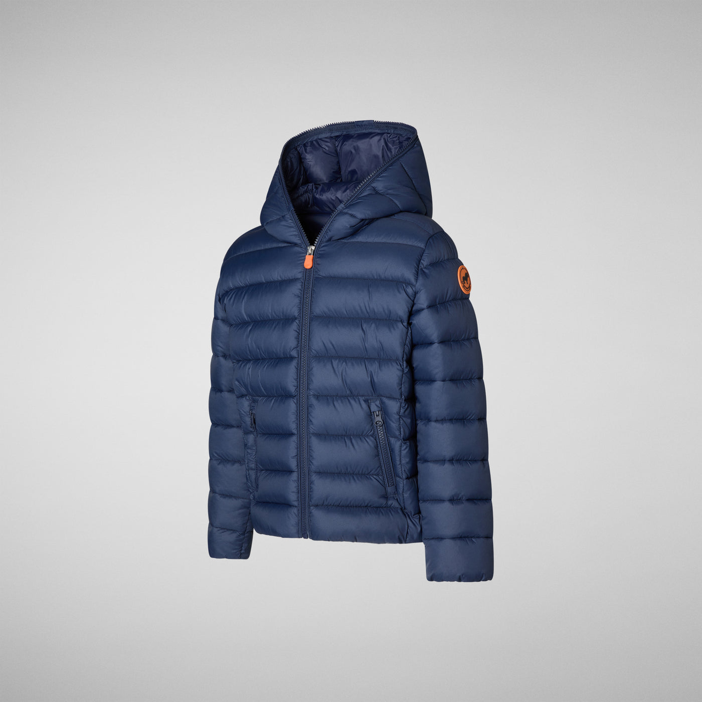 Side View of Kids' Jackson Hooded Puffer Jacket in Navy Blue