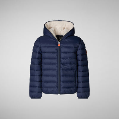 Product Front View of Boys' Rob Faux Fur Lined Hooded Puffer Jacket in Navy Blue