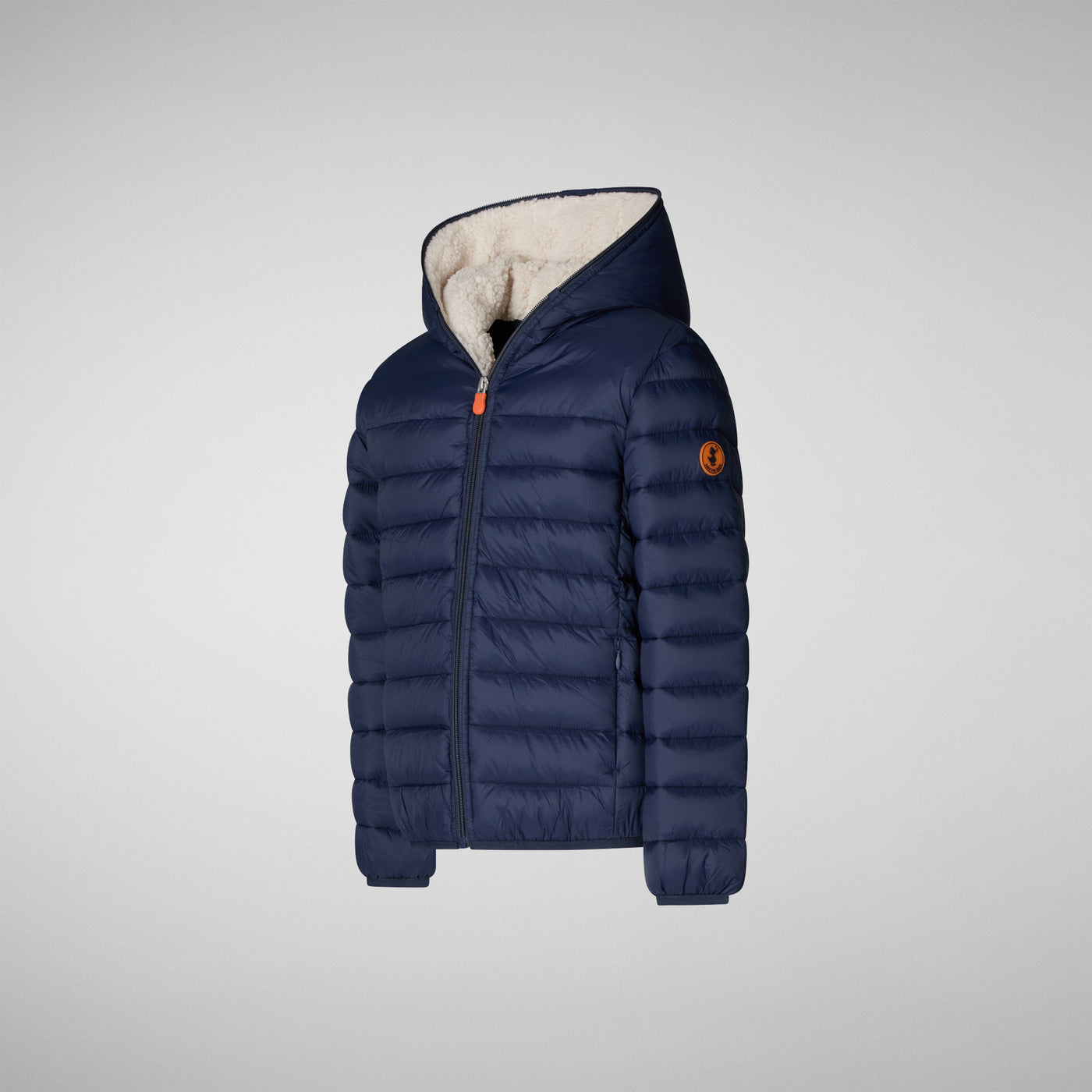 Product Side View of Boys' Rob Faux Fur Lined Hooded Puffer Jacket in Navy Blue
