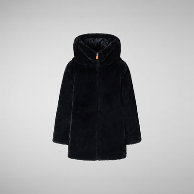 Product Faux Fur Front View of Girls' Flora Faux Fur Reversible Hooded Coat in Black