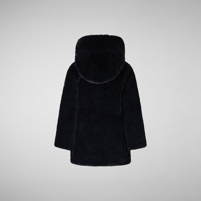 Product Faux Fur Back View of Girls' Flora Faux Fur Reversible Hooded Coat in Black