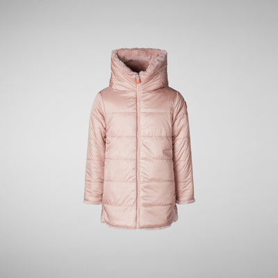 Product Puffer Front View of Girls' Flora Faux Fur Reversible Hooded Coat in Blush Pink