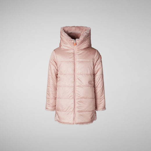 Product Faux Fur Front View of Girls' Flora Faux Fur Reversible Hooded Coat in Blush Pink