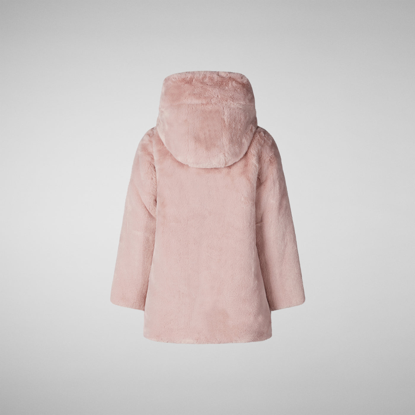 Product Faux Fur Back View of Girls' Flora Faux Fur Reversible Hooded Coat in Blush Pink