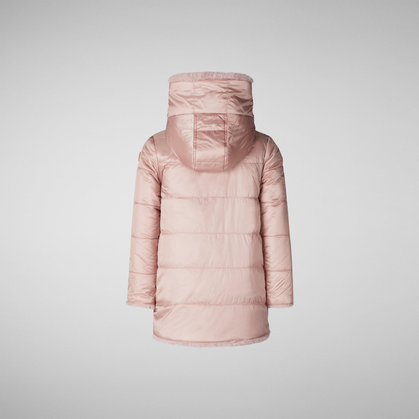 Product Puffer Back View of Girls' Flora Faux Fur Reversible Hooded Coat in Blush Pink