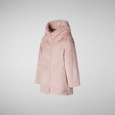 Product Faux Fur Side View of Girls' Flora Faux Fur Reversible Hooded Coat in Blush Pink