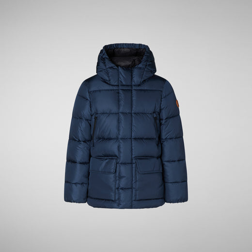 Front View of Boys' Joshua Hooded Puffer Coat in Navy Blue