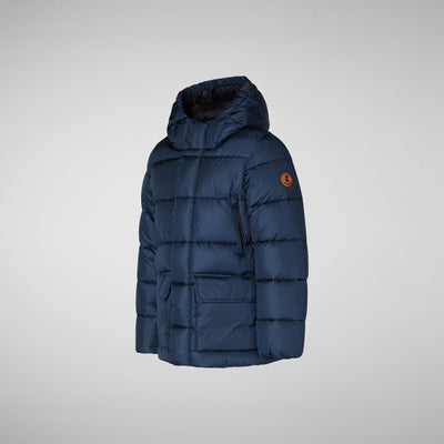 Side View of Boys' Joshua Hooded Puffer Coat in Navy Blue