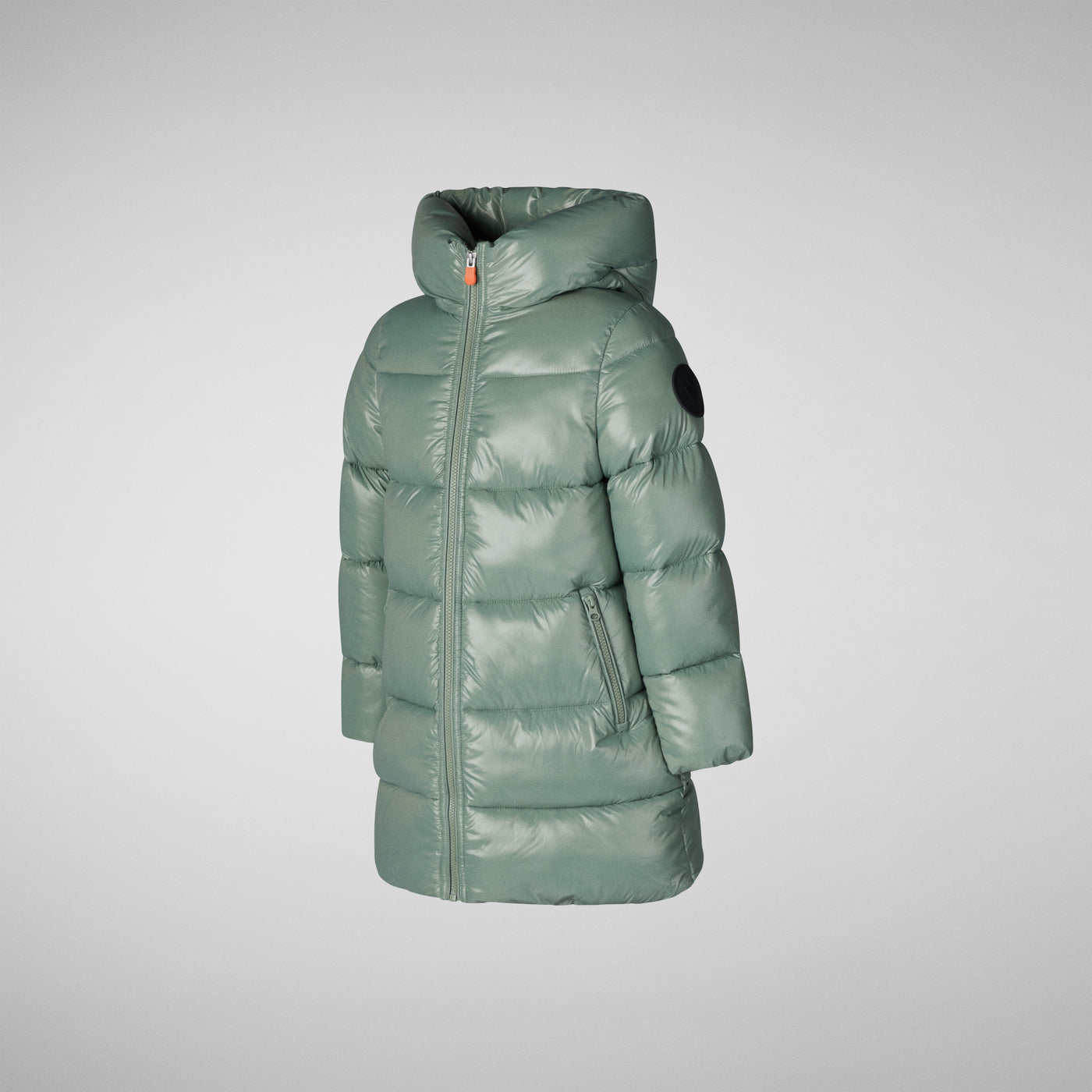 Product Side View of Girls' Chase Faux Fur Lined Hooded Puffer Coat in Seaweed Green