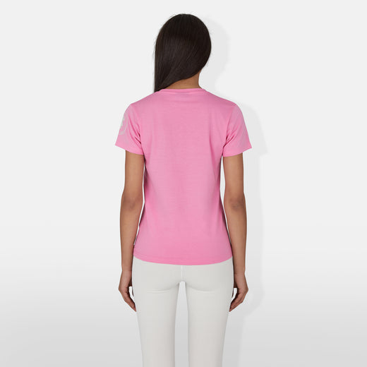 Model Front View of Women's Betsy T-Shirt in Aurora Pink