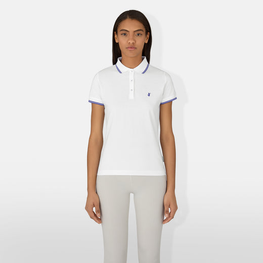 Model Front View of Women's Geraldine Polo T-Shirt in White