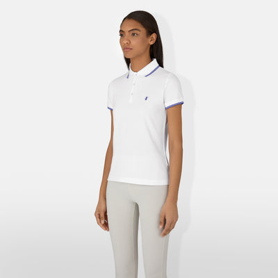 Model Side View of Women's Geraldine Polo T-Shirt in White