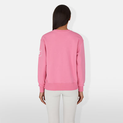 Model Back View of Women's Nicole Sweatshirt in Aurora Pink