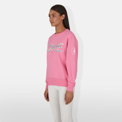 Model Side View of Women's Nicole Sweatshirt in Aurora Pink